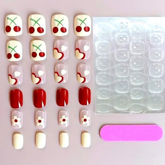 24 Fake Nails Cherries Hearts Press On Style Kit Glam Colorful Vacation Love - Picture 1 of 4
